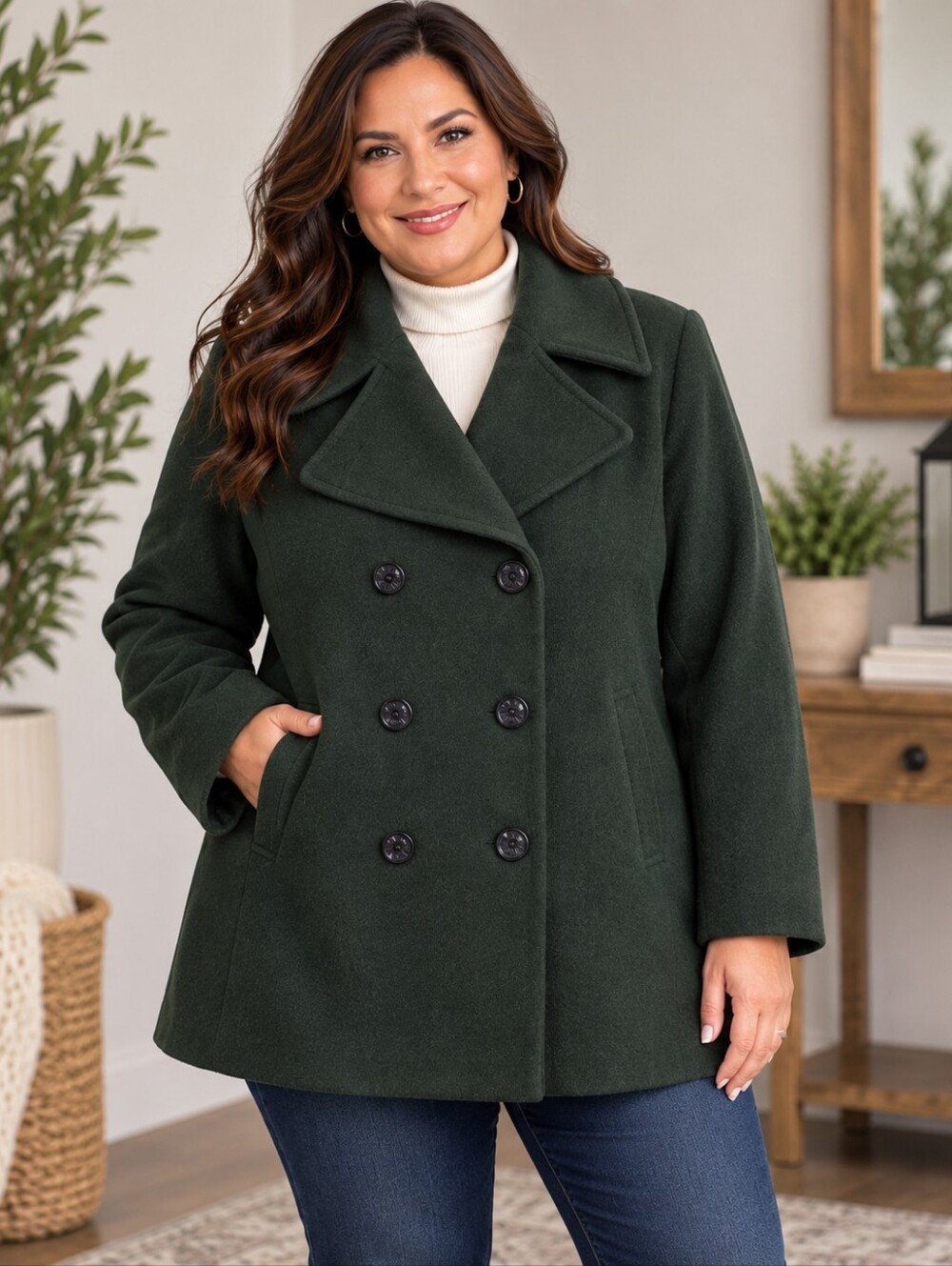 JESSICA LONDON | Size 24 Forest Green Wool Blend Double Breasted Pea Coat